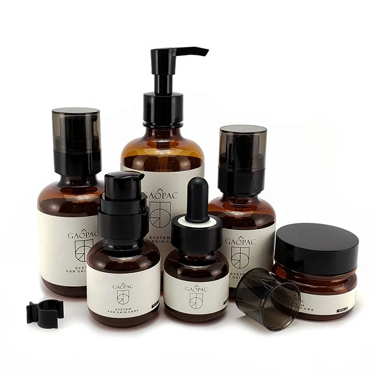 Wholesale in stock 30g 40ml 50ml 60nl 100ml 150ml brown cosmetic plastic skincare face cream jar lotion bottle sets