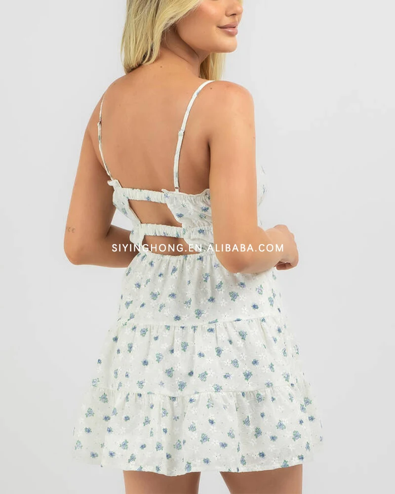 2024 Custom Summer Floral Print Dress For Women Linen Lace Insert Ruffle He Beach Backless Elegant PartyShort Mini Cami Dress