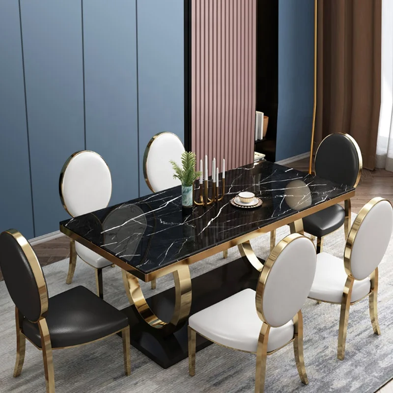 Luxury Design  High Quality Stainless Steel base Dining Room Furniture Shining Leg White Marble sintered stone Dining Table