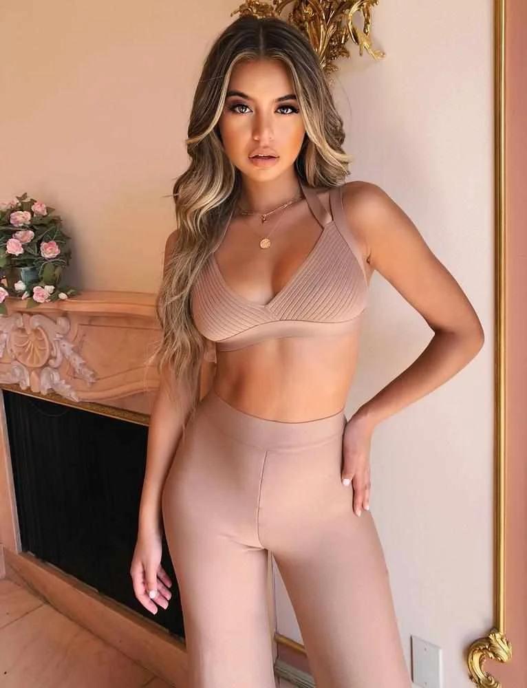 
D8224#5colors Sexy V-neck vest slim flared pants bandage 2 piece set for women 