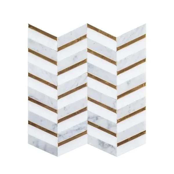 White jeffrey court marble tile classic flooring brass tiles inlay with stripes stone mosaic