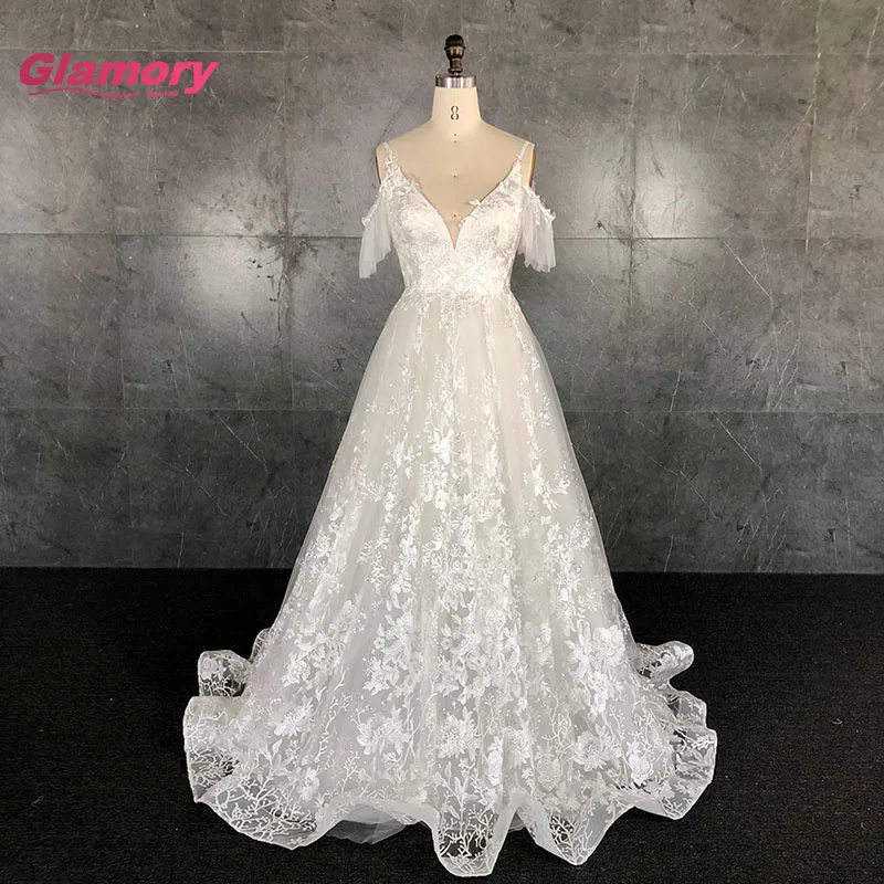 Customized 3D lace wedding dress V Neck Off Shoulder A-line Beach Wedding Gown Dress Bridal