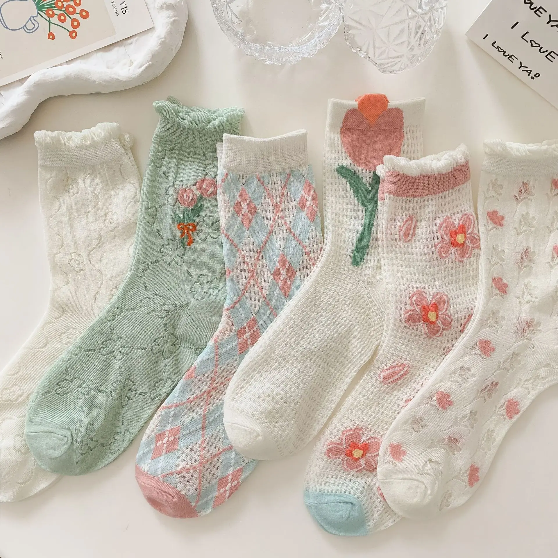 2022 Summer Ins Trendy Cute Lady Youthful Mesh Socks Colorful Rhombus Cass Tulip Socks Girl Lace Plaid Flower Socks For Women