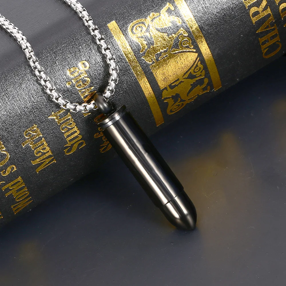 Cylindrical Bullet Shape Pendant Necklaces Lettering Stainless Steel Long Strip Bullet Necklaces
