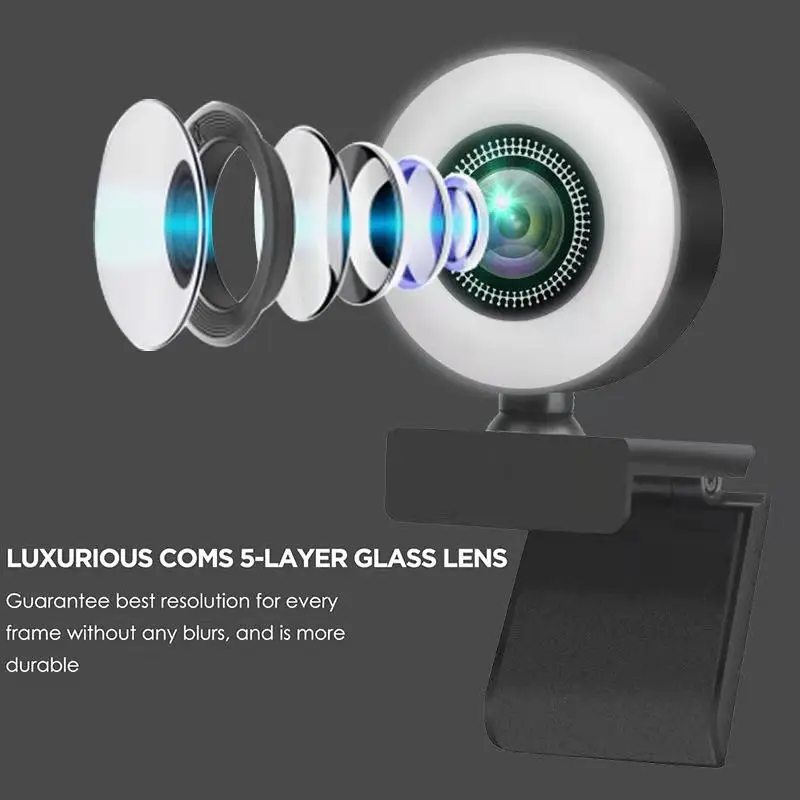  2K 4MP HD Webcam Built in Adjustable Ring Light and Mic Advanced autofocus AF Web