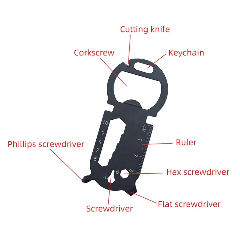 Portable Emergency Edc Multitool Keychain Tool Card Stainless Steel Keychain Bottle Opener Screwdriver Hex Wrench, Silver, Black