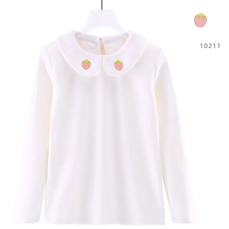 
Hot sale sweet girls tshirt tops doll collar peter pan collar strawberry base shirts for kids 