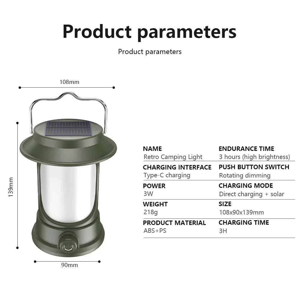 Retro Portable Solar LED Camping Lantern Vintage Warm Camp Lamp with 3 Lighting Modes for Tent Hiking Climbing Garden Lighting