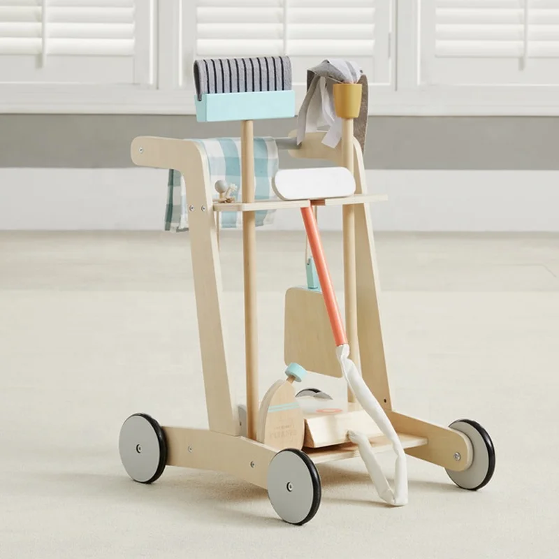 Asweets Unisex Kids Pretend Play Housekeeping Supplies Kit Wooden Cleaning Trolley Toy Set for Ages 2-5 Years