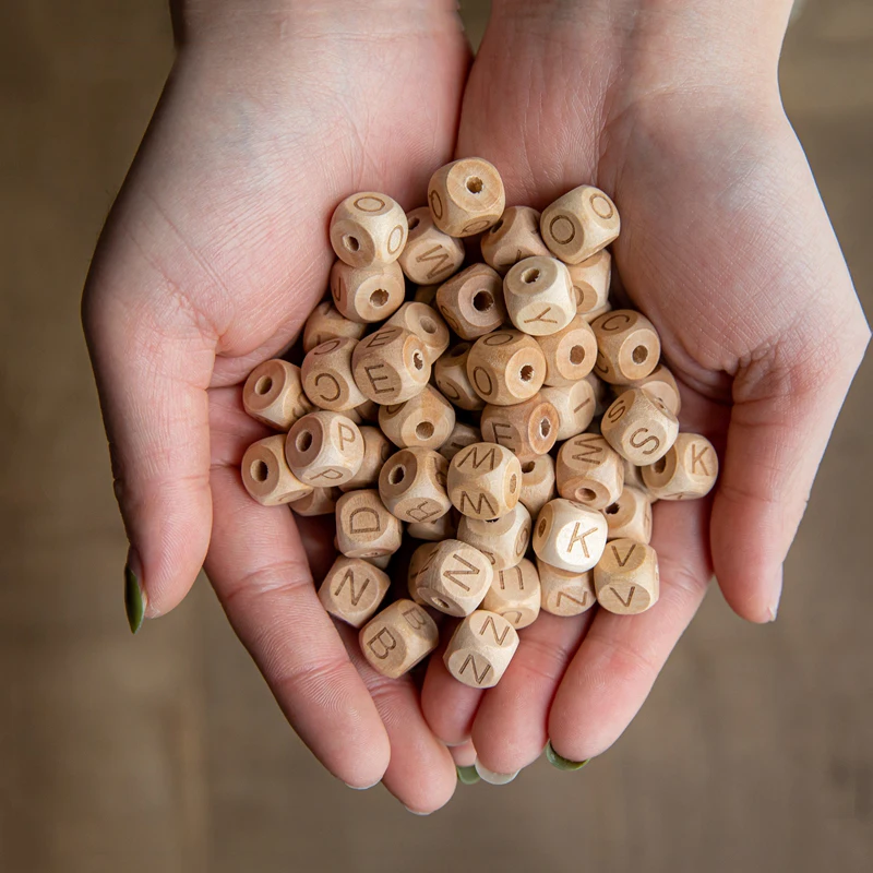12mm Personalized Name Baby Teething Beads Wooden Beech Cube Alphabet Letter Beads