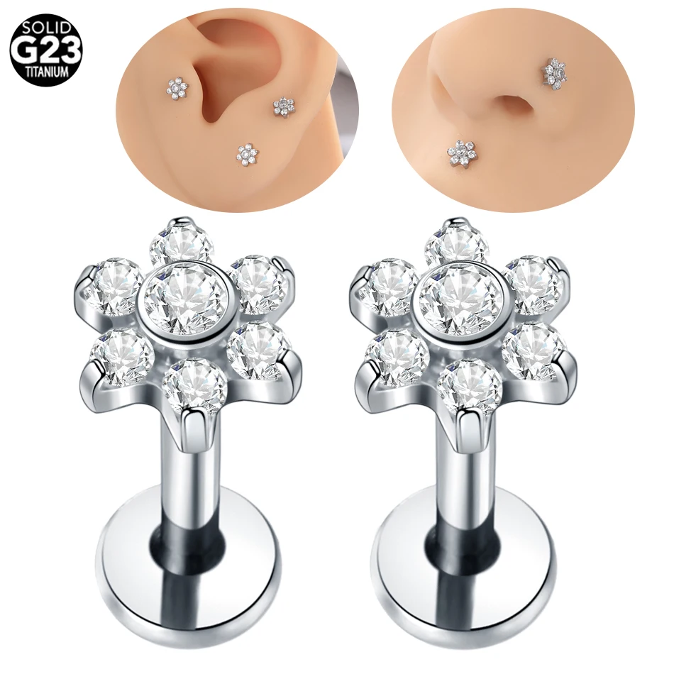 ASTM F136 Titanium 16G Internally Threaded Flower Zircon Labret Piercing Ear Stud Tragus Body Piercing Jewelry