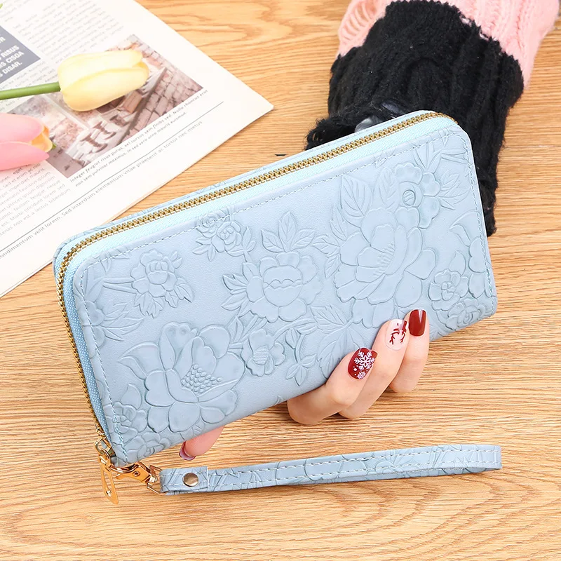 New Ladies Simple Wallet with Long Zipper Clutch Bag Cross-Border Embossed Mobile Phone and Banknote Clip Waterproof