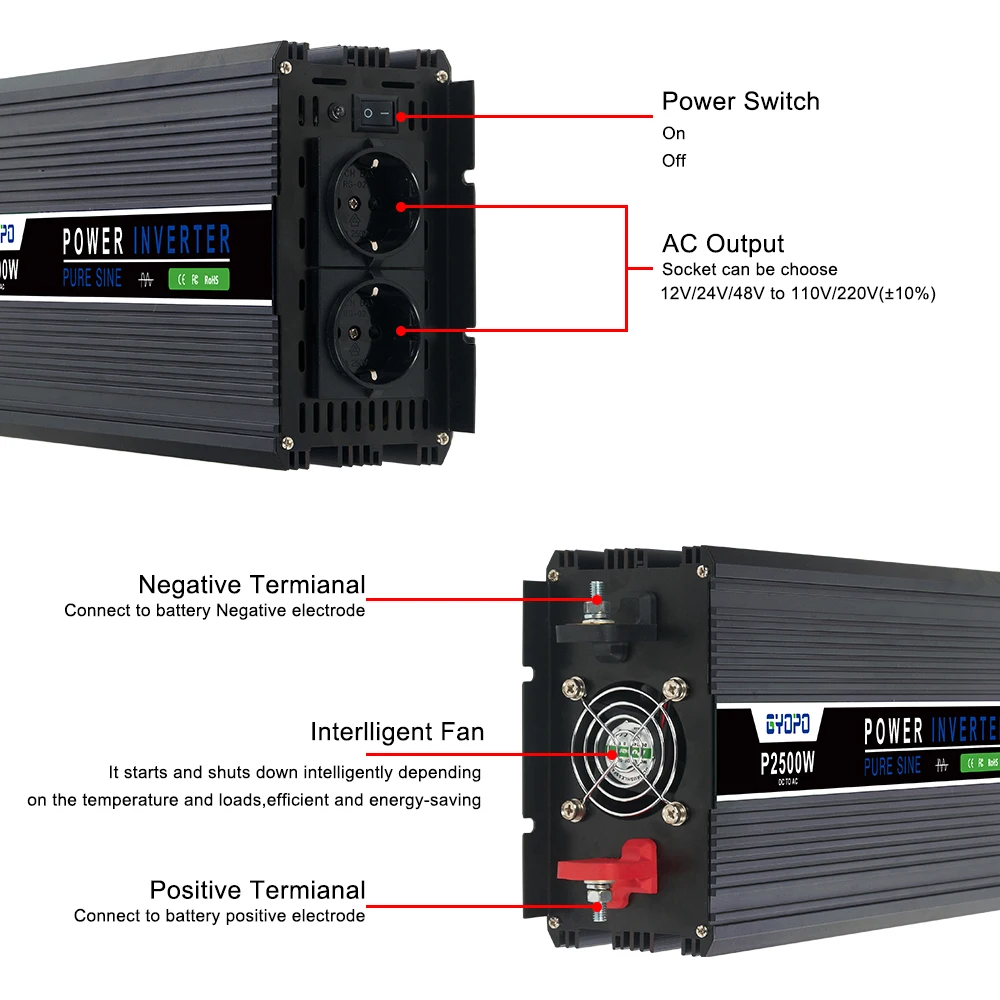 2500W Pure Sine Wave Power Inverter, Supply 12V DC to 220V AC Peak Power 5000W, Used for RV Car Solar System