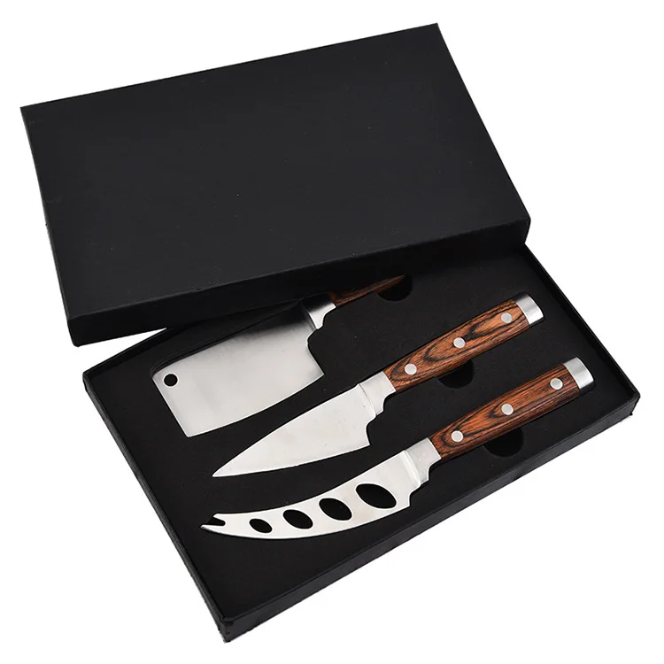 China Factory Luxury 3pcs Wooden Handle Stainless Steel Cheese Knife Set with Gift Box