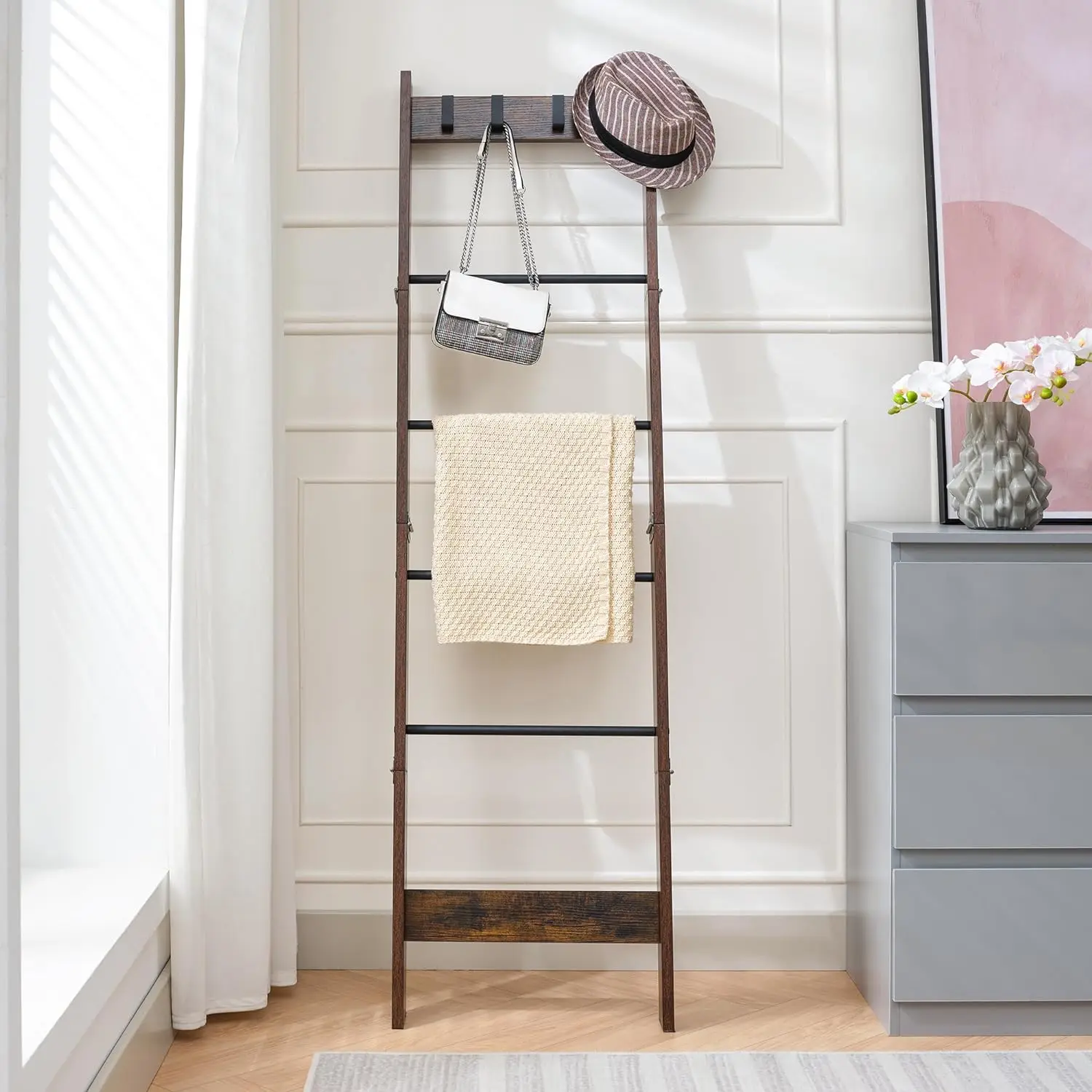 home decor 6 tier wooden ladder quilt holder shelf decorative wood blanket towel ladder display rack storage with removable hook