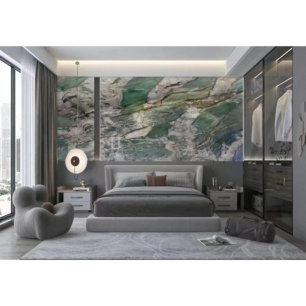 Backlit Royal Green with white crystal veins Quartzite for slab & tile for countertops and stairs step or fireplace from china