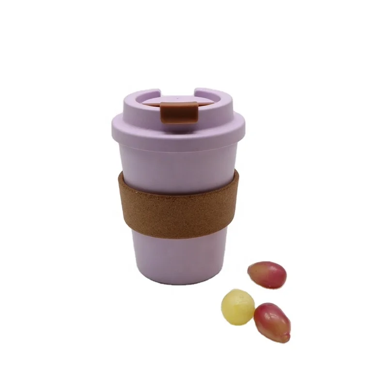 Custom print and logo bamboo coffee cup eco-friendly reusable with cork sleeve PLA bamboo fiber coffee cup with clip lid