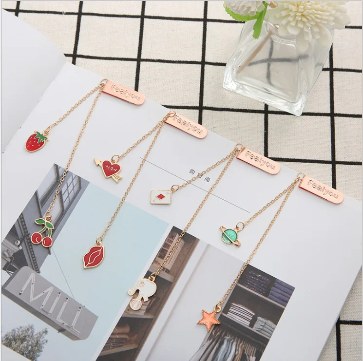 cute korean kawaii stationery Office school handmade long chain bookmark with pendant, fruit Strawberry cherry book mark charm