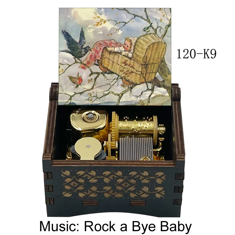 Пользовательские фотографии Rock a bye baby музыкальный Золотой механизм музыкальная шкатулка заводная деревянная подарочная коробка