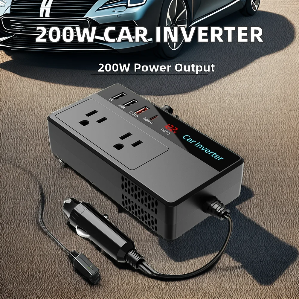 200W PD 30W USB-C QC 3.0 Digital Display Inverter DC 12V AC 110V Car Power Inverter  Single 60Hz USA Jack