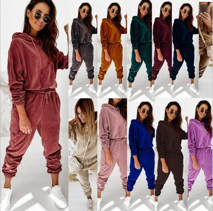 New Long Sleeve Active Jogger Suit Training Sweatsuit Women Fitted Velour Hooded Velvet Tracksuit For Women