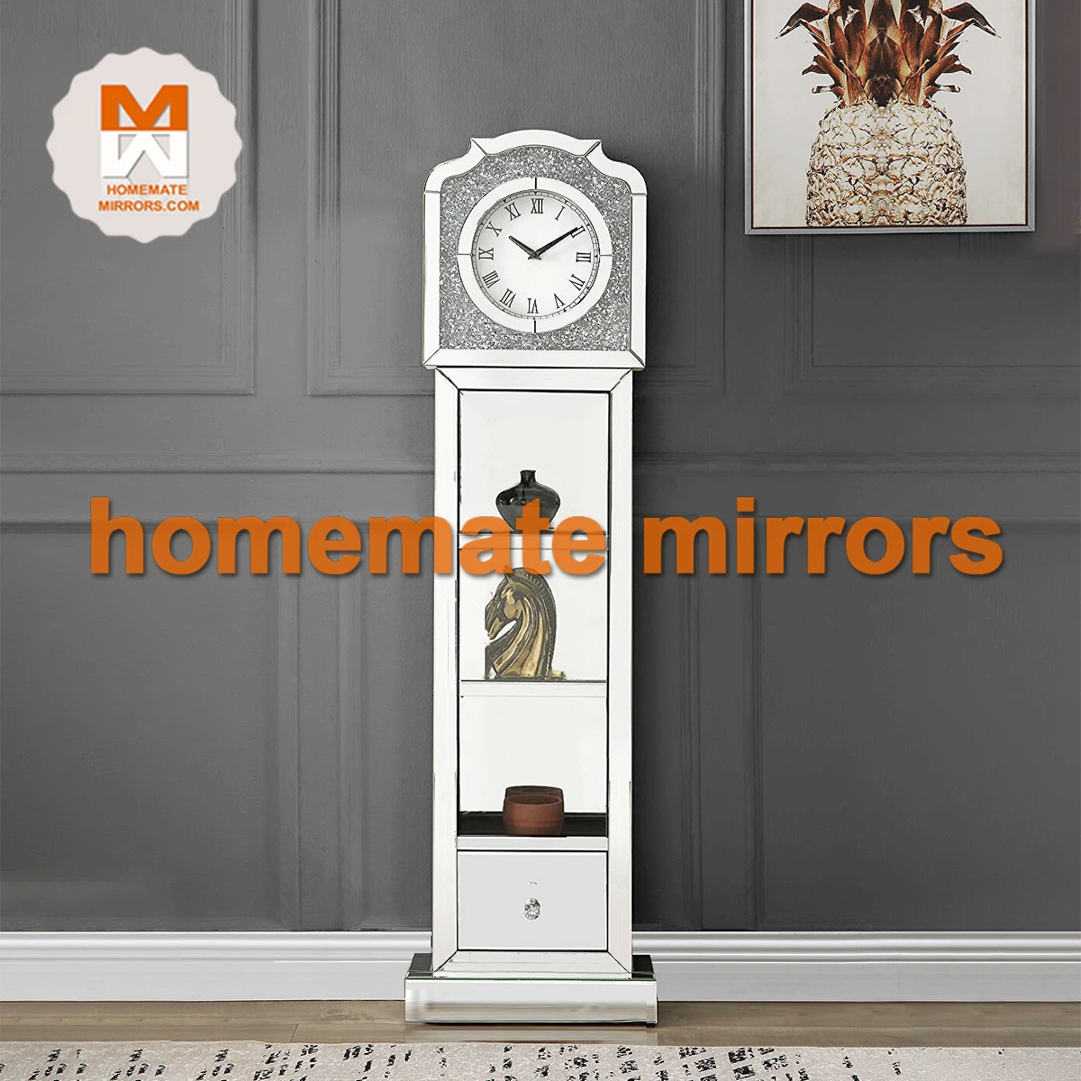 Hot Competitive Big Mirrored Floor Grandfather Clock with Faux Crushed Diamonds