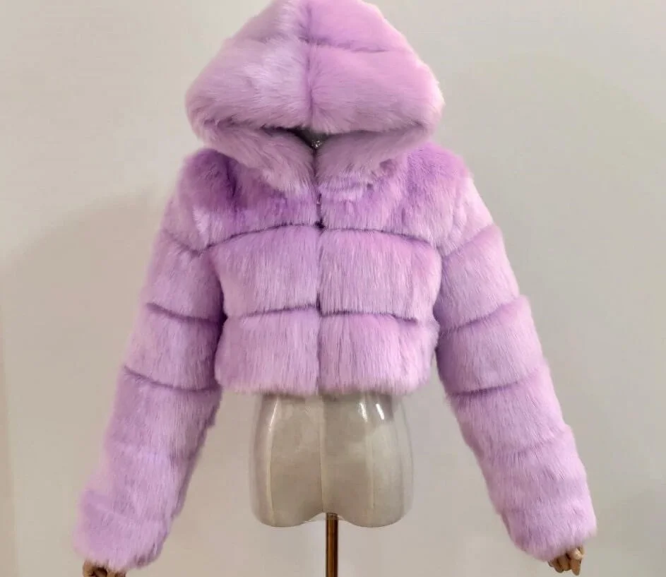 Cropped Winter Coat Jacket Women Faux Fox Fur Coat With Hood Fashion Short Style Fake Fur Coat For Lady