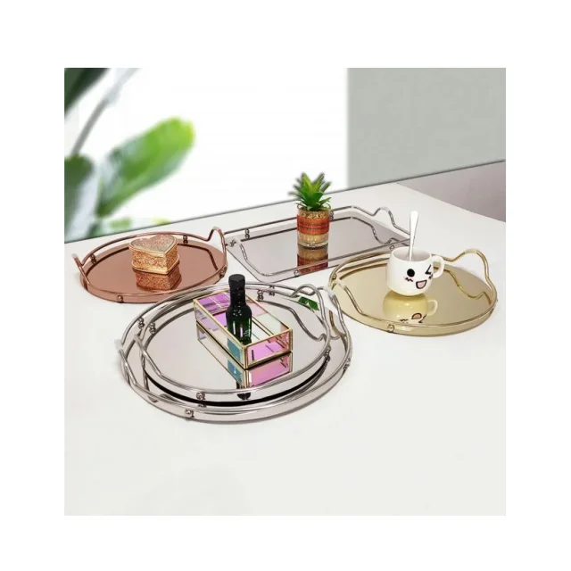 Large Decorative Coffee Tea Food Table Vintage Stainless Steel Serving Tray With Golden Handles