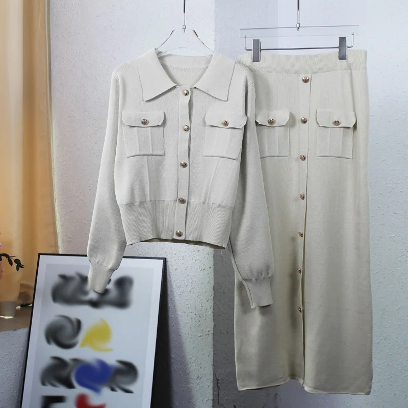 TS520 New 2025 New Solid Turn-down Collar Sweater Tops and Wide Skirt Set Women Two Pieces Sets Clothing
