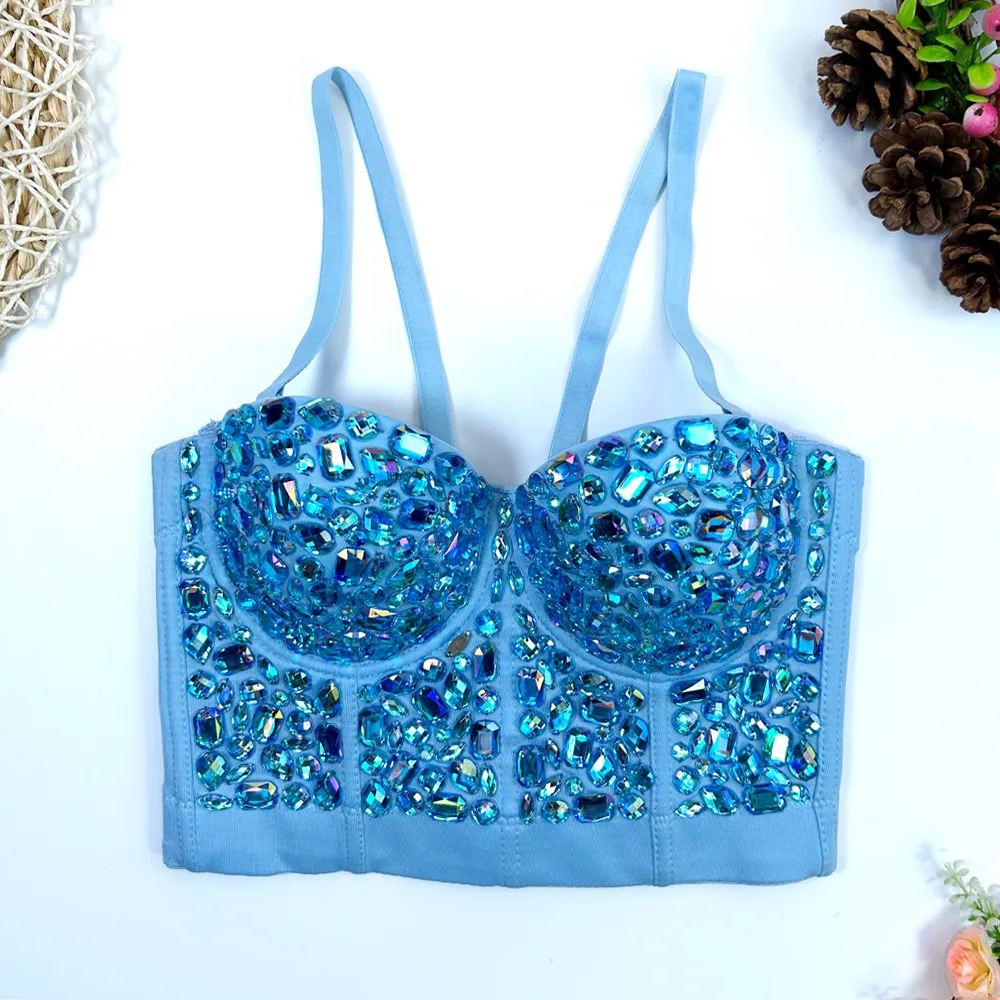 wholesale full rhinestone diamond acrylic luxury ladies boned underwire sexy dance show crop short crystal corset top for women