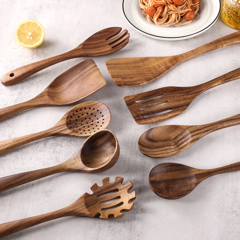 Manjia Wooden Spoons for Cooking Natural Wood Kitchen Utensils Set Spatulas Strainer Serving Spoon Salad Spoon Soup Ladle