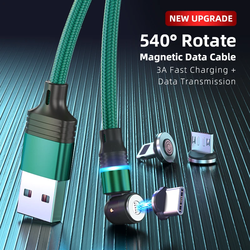 Вращающийся на 540 градусов зарядный кабель 3 в 1 светодиодный 3A Type C Micro USB для передачи