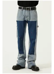 High street men color block spliced washed flare jeans straight Retro loose casual wide leg denim