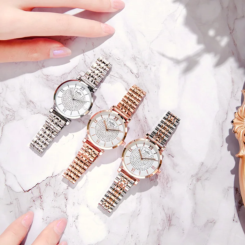 Круглые кварцевые часы, темпераментные полностью алмазные часы из Гипсофилы со стальным браслетом, Подарочная коробка, подарок на день Святого Валентина