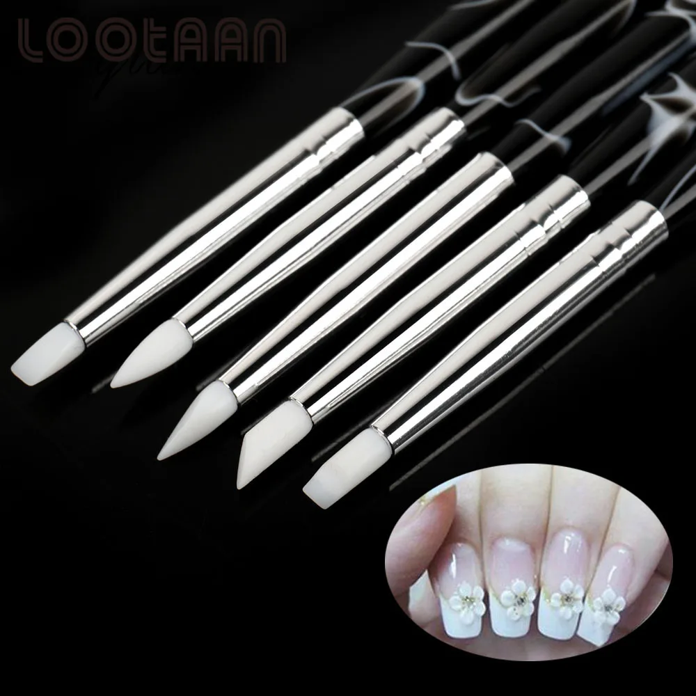 Lootaan Silicone Head Nail Art Sculpture Pen Acrylic Nail Tools 5pcs/set  Dotting Brushes Manicure Set 3D Image DIY