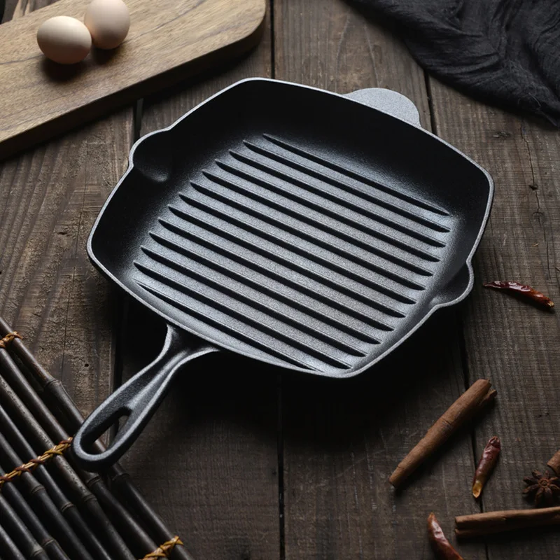Cast Iron Non-stick Square Grill Pan with Helper Handle Stripe Thickened Steak Skillet for Camping Outdoor