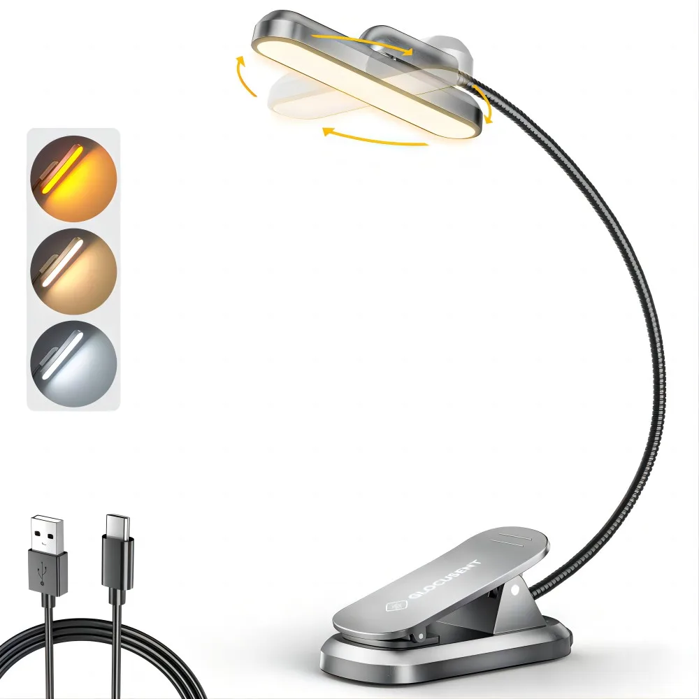 Clearance Price Glocusent 0 to 340 Degrees Rotatable Reading Light Usb C Rechargeable Mini Clip-on Book Light