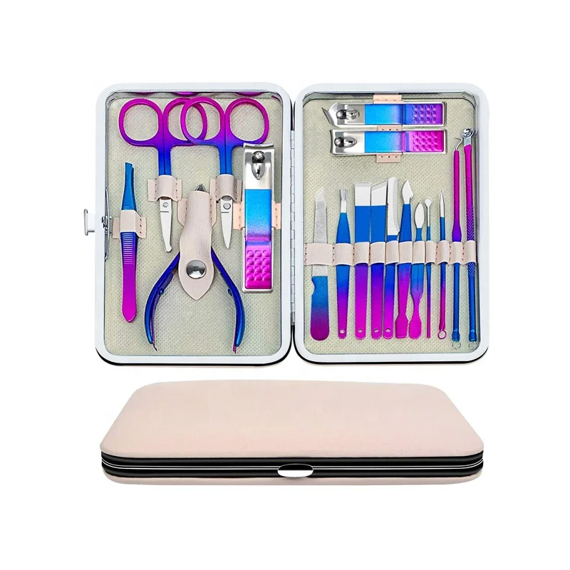 Stainless Steel  Pedicure Kit Nail Scissors Grooming Kit with Pink Leather Travel Case 18 pcs Rainbow Manicure Set