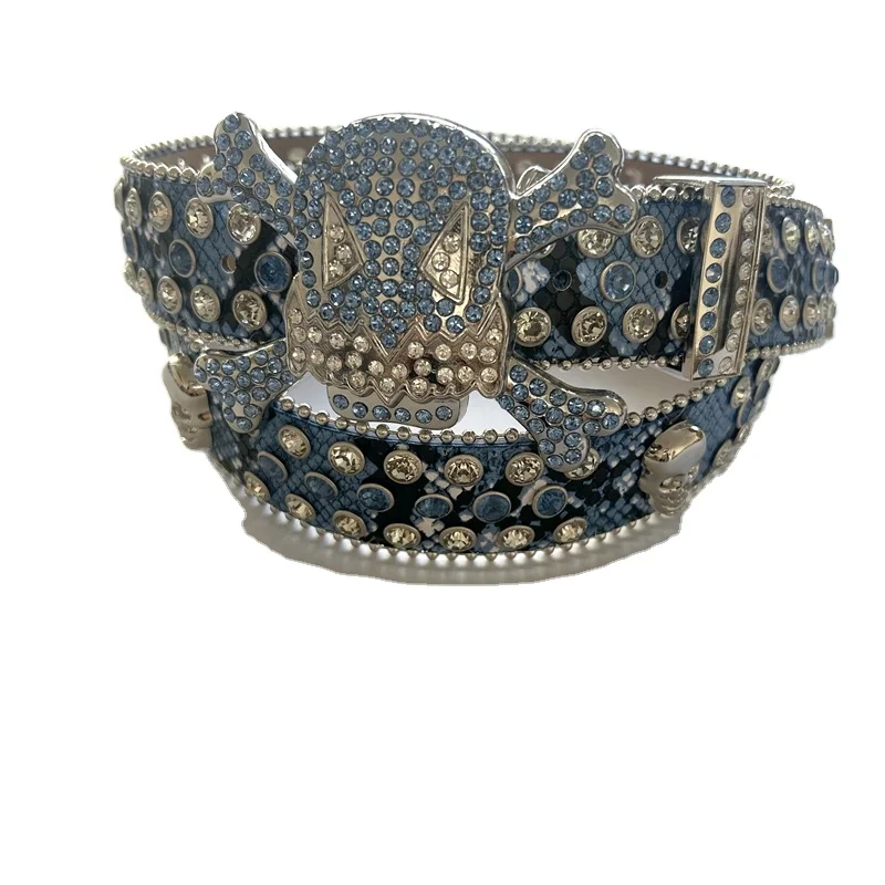 2023 NEW design metal skull and rhinestone belt western cowboy fashionable belt with crystal