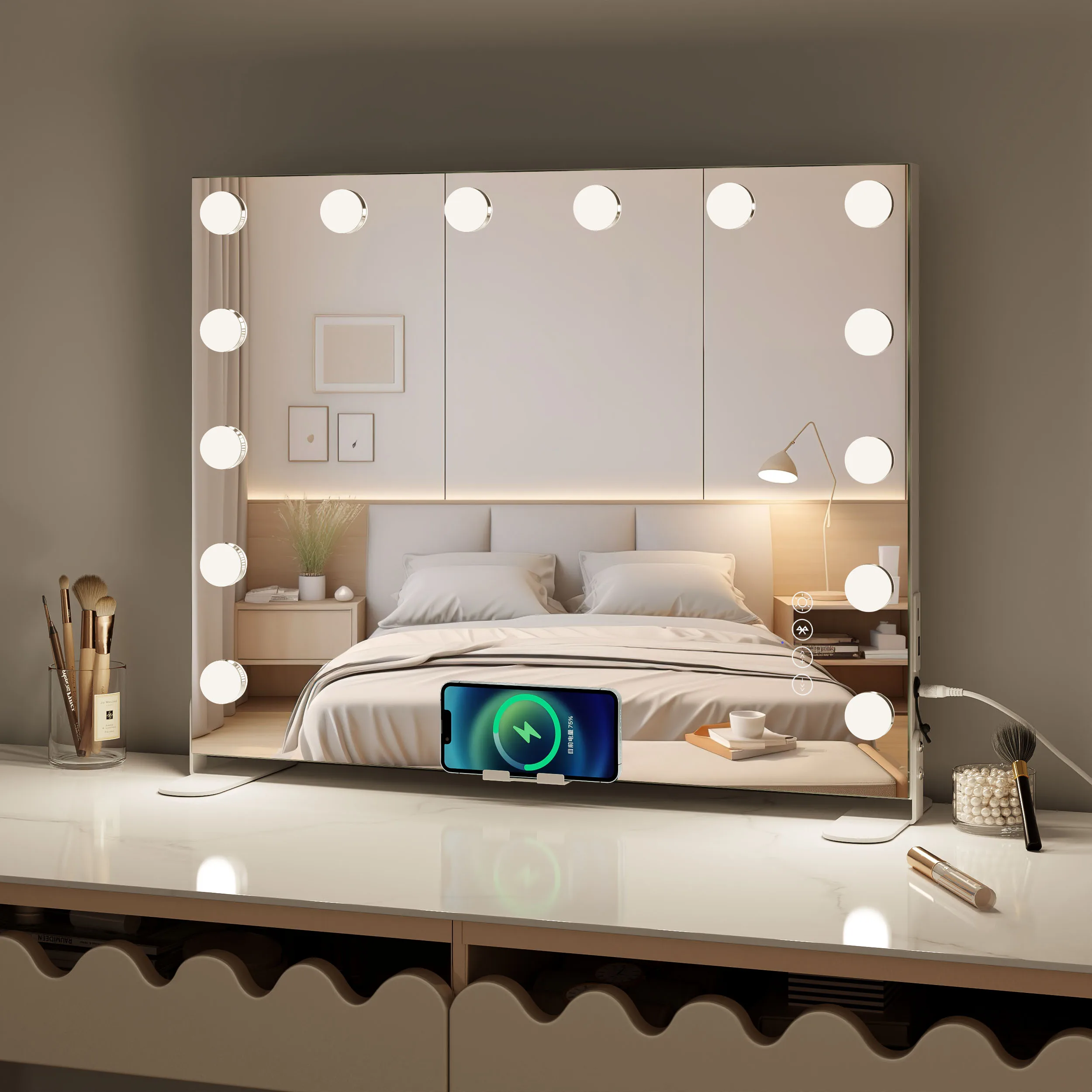 Wholesale Supplier Adjustable Brightness Wireless Charging Led Makeup Hollywood Vanity Mirror With Lights Bluetooth Speakers