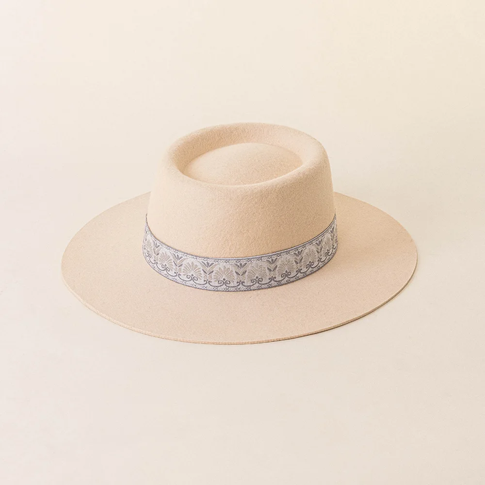 factory wholesale custom autumn winter new wool hat fashion vintage embroidery ribbon top hat wide eaves ring top fedora hat