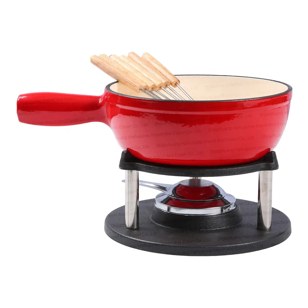 Cast Iron Enamel Cookware Round Red Fondue Set Cheese Chocolate Nonstick Pot