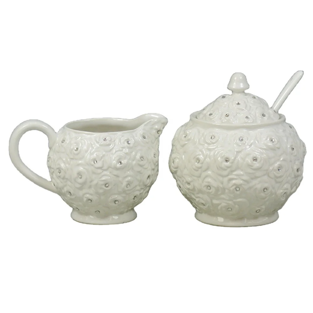 
Hot-sale Acrylic diamonds veneer decoration ceramic tea set sugar and creamer with spoon Gift top class Customized 