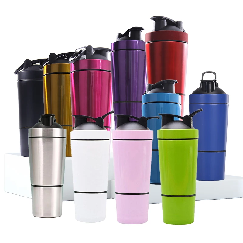 Eco Friendly 600ml 20 oz Navy Stainless Steel Hiking Gym Protein Blender Shaker Bottle with Supplement Powder Storage