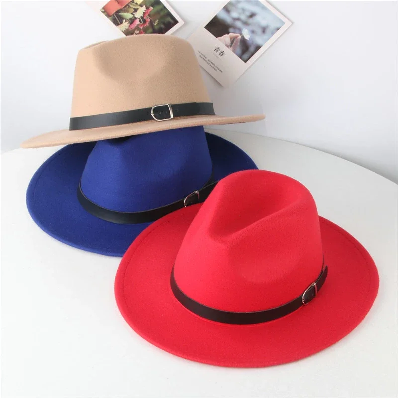 Fashion Solid Color Wide Brim Fedora Hats Belt Buckle Trilby Round Top Felt Fedoras for Vintage Ladies Kids