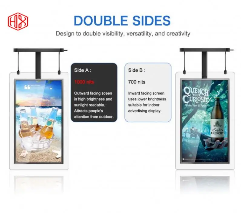 Китай HXXK сенсорный двухсторонний 4k digital signage фабрики 43 дюймов супермаркет двухсторонняя подвесная реклама