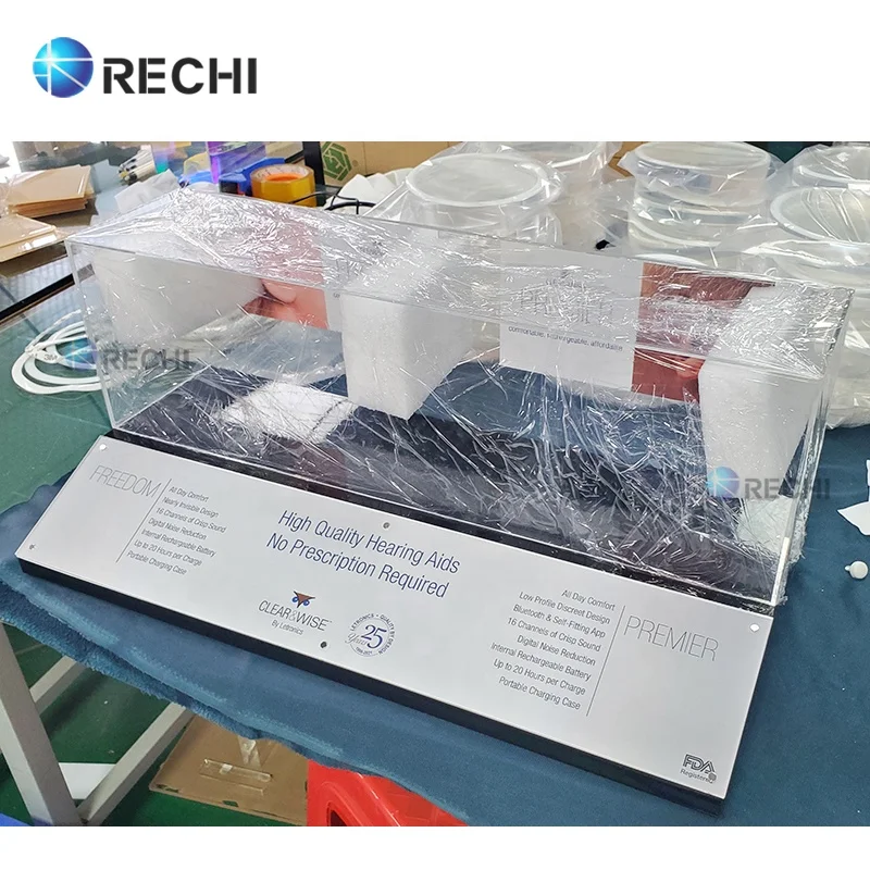 RECHI Custom Counter Acrylic Retail Demo POS Display Stand Case For Hearing-Aids Perspex Display Box With Sign for TWS Earphone