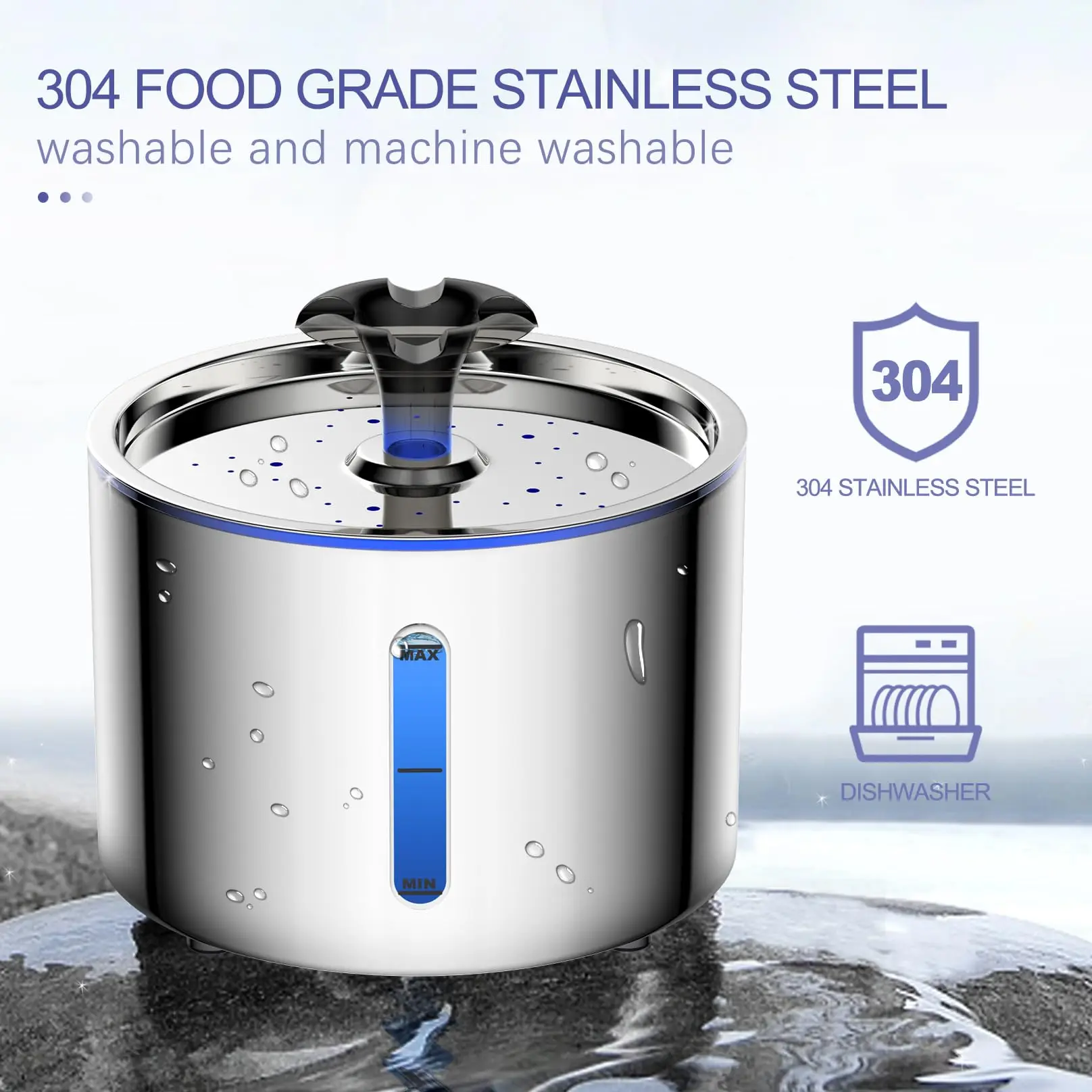 84oz/2.5L Stainless Steel Automatic Cat Water Fountain Auto Power-off Fountain with LED Light Non-slip Mat Dog Water Dispenser