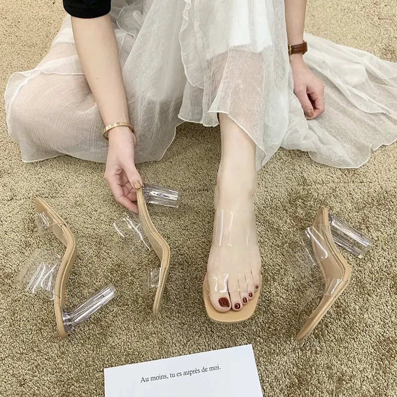 High Heels New Sexy Back Empty Square Open Toe Transparent Slippers In-Line Straps High-Heeled Sandals For Women