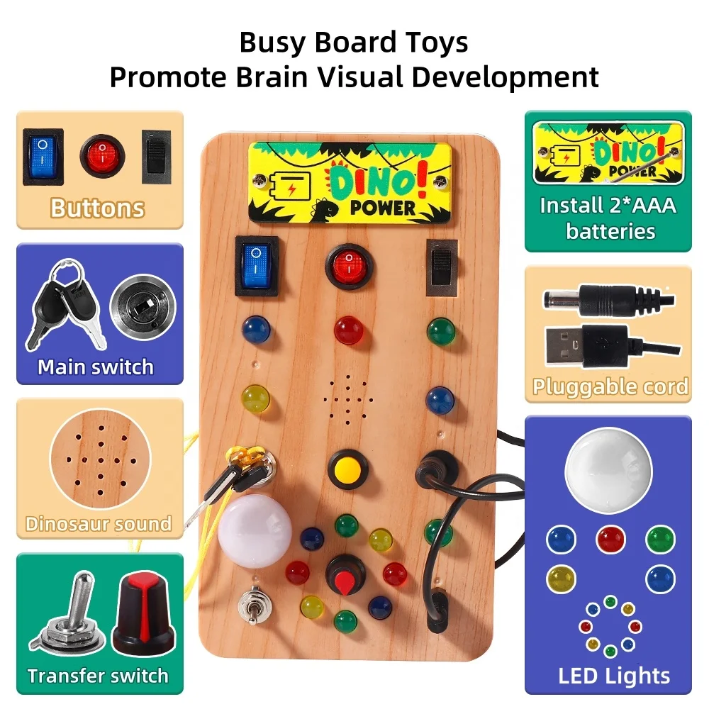 Kaili early educational circuit busy board sensory toy montessori diy dino sticker electronic switch busy board with led light